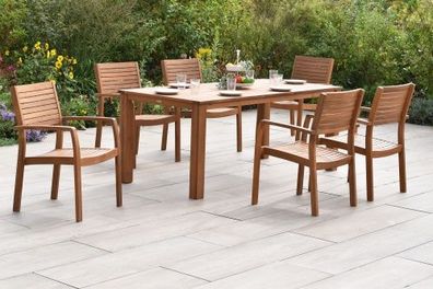Batavia Set 7tlg., 6 Stapelsessel, Tisch 185 x 90 cm