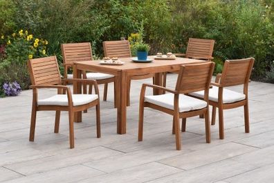 Batavia Set 13tlg., 6 Stapelsessel, 6 Auflagen, Tisch 185 x 90 cm