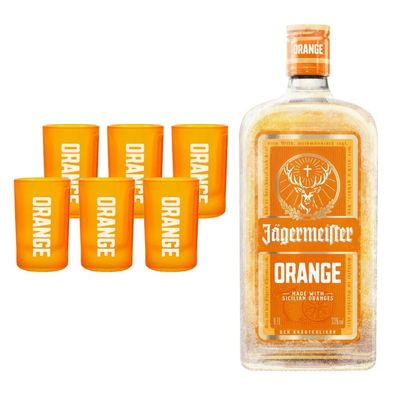 Jägermeister ORANGE Shotgläser 6er Set + 1 Flasche Jägermeister ORANGE 0,7L (33