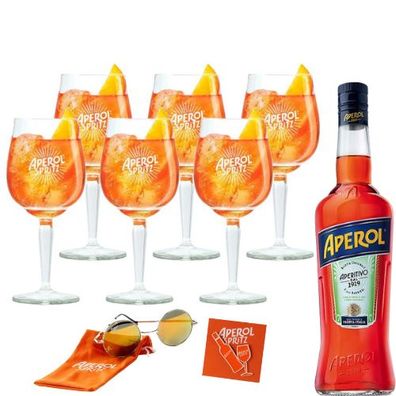 Aperol Set - Aperol Aperitivo 0,7L (11% Vol.) + 6 Aperol Spritz Gläser + Sonnen