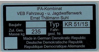 Typenschild Simson KR 51/1S, Alu, Blanko, Neu, Moped, Ost Oldtimer, DDR Klassiker
