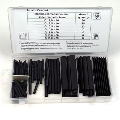 Schrumpfschlauch-Sortiment, schwarz, &Oslash; 2 - 13 mm, 127-tlg