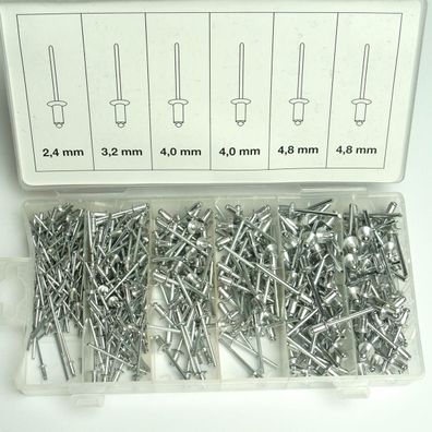 Blindnieten-Sortiment, Popnieten Aluminium, Größen 2,4 - 4,8 mm, 400-tlg