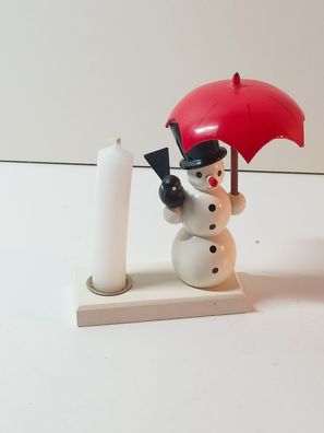 Erzgebirge Schneemann 9?cm mit Schirm, Zylinder, Amsel, Kerzenhalter, Originalkarton