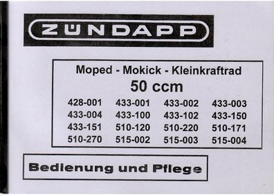 Bedienungsanleitung Zündapp Moped - Mokick - Kleinkraftrad 50ccm, Oldtimer