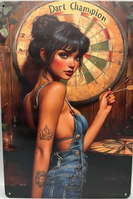 Blechschild-Hübsches Mädchen beim Dart spielen-Retro-20x30cm-Deko/Bar