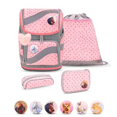 Belmil Smarty ergonomisches Schulranzen Set 5-teilig "Pink Dots 2" mit Brustgurt,