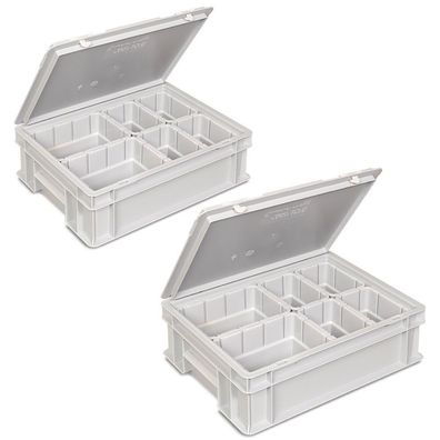 2x Euro-Deckelbehälter mit 6 Einsatzkästen, LxBxH 400x300x130 mm, grau