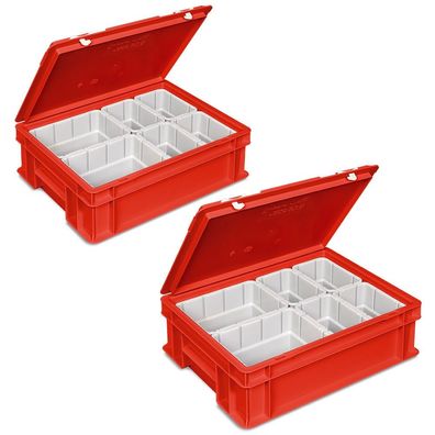 2x Euro-Deckelbehälter mit 6 Einsatzkästen, LxBxH 400x300x130 mm, rot
