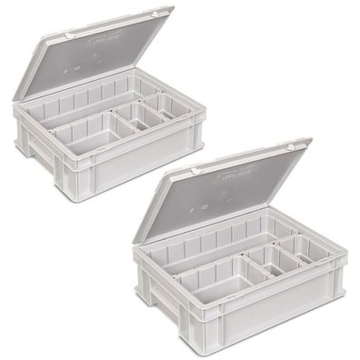 2x Euro-Deckelbehälter mit 4 Einsatzkästen, LxBxH 400x300x130 mm, grau