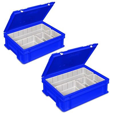 2x Euro-Deckelbehälter mit 4 Einsatzkästen, LxBxH 400x300x130 mm, blau