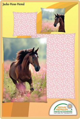 Pferde Bettwäsche Hengst Pferd Rosa Young Collection Wiese Blumen Gr.135x200 NEU