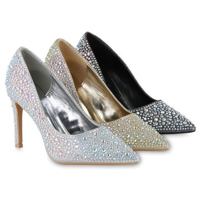 VAN HILL Damen High Heels Pumps Spitze Party Strass Glitzer Stiletto Schuhe 841552