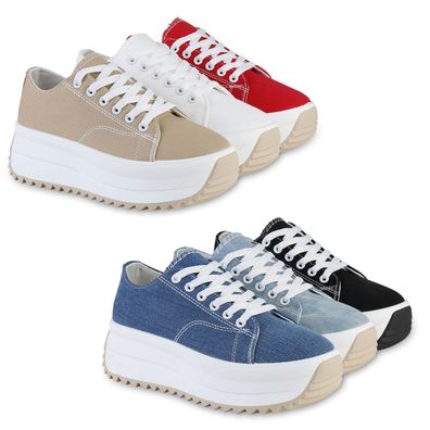 VAN HILL Damen Plateau Sneaker Schnürer Profil-Sohle Wedge Stoff Schuhe 841133
