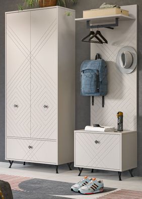 Garderobe Set 3-tlg. Garderobenkombination sand Flur Garderobenset Apunti 195x190 cm