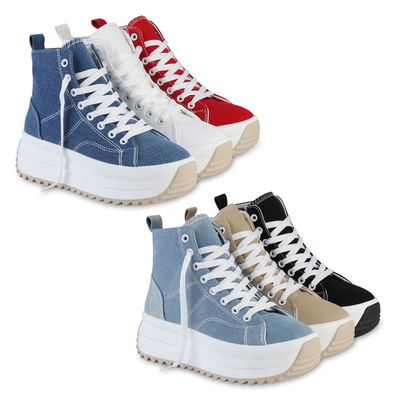 VAN HILL Damen Plateau Sneaker Schnürer Profil-Sohle Stoff Schuhe 841134