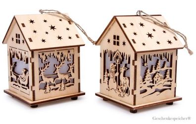 Holz Laternen Set Fachwerk Häuschen Beleuchtet Led Winter Dekoration - 2 Stück im Set