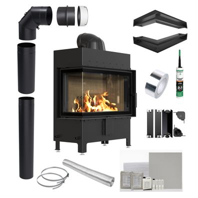 KRATKI LUCY links 14 kW Ø200 Schwarz Kaminofen Einsatz Installationsset
