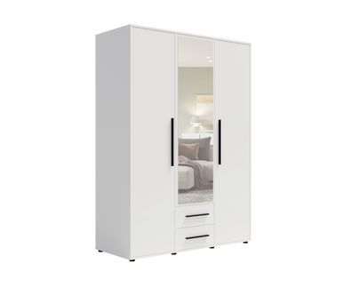 BETTSO Weißer dreitüriger Kleiderschrank mit klappbarem Auszug MAXIVO mit Spiegel