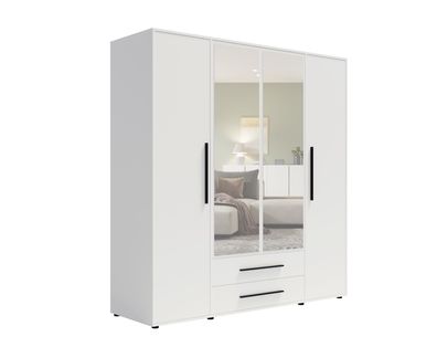 BETTSO Weißer viertüriger Kleiderschrank mit klappbarem Auszug MAXIVO mit Spiegel
