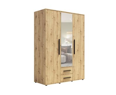 BETTSO Dreitüriger Kleiderschrank aus Eiche mit MAXIVO-Klappauszug mit Spiegel