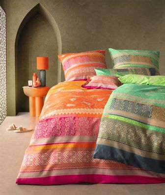 Bassetti Mako-Satin Bettwäsche 200x200 Molveno O1 orange pink Streifen Ornamente