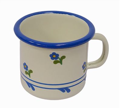 Emaille Tasse, Henkelbecher, Kaffeetasse, Outdoor Becher Creme Blümchen 7 cm