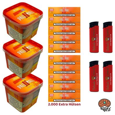 Pall Mall Allround Volumentabak Maxi Box 3x 263g, Xtra Hülsen, 4 Feuerzeuge
