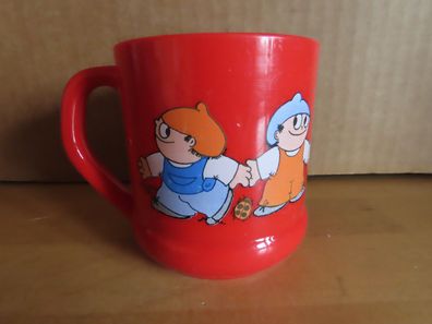 Tasse Becher rot mit Meinzelmännchen ZDF/NFP 1982 Kunststoff Emsa