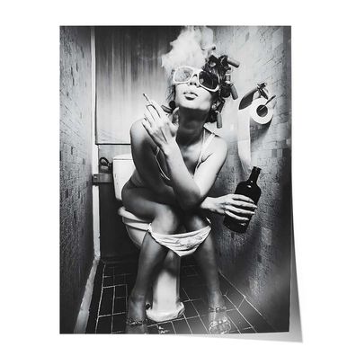 Poster Leinwandbild Badezimmer Frau auf Toilette Dekoration schwarz weiß Gäste Klo WC