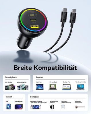 Stilvolles 3-Port Auto Ladegerät mit 152,5 W & RGB Licht für mehrere Geräte" Default