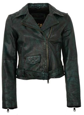 Freaky Nation - Damen Lederjacke Gürtel Lammnappa dunkelgrün