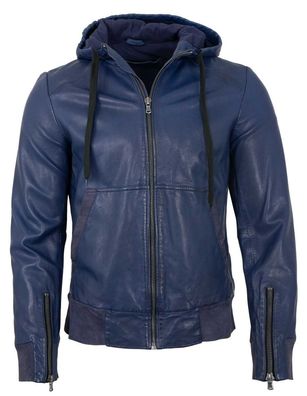 Freaky Nation - Herren Lederjacke Kapuze Lammnappa Velourleder blau