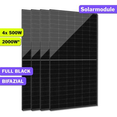 Jolywood 4x 500W Glas-Glas Photovoltaik Solarmodul Solarpanel FullBlack bifazial