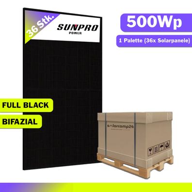 36x 500Wp SunPro Photovoltaik Solarmodul Bifazial Glas-Glas Full Black