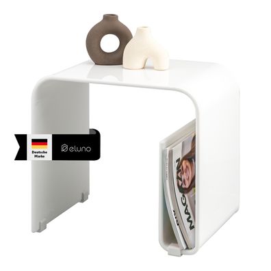 eluno 2in1 Beistelltisch aus weiß-glänzendem Acryl mit Magazinhalter