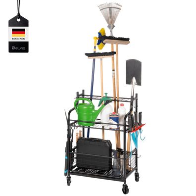 eluno Gartengeräte-Organizer, Gerätewagen mit Ablagen und Körben, Stahl schwarz