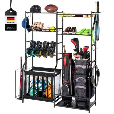 eluno Sportgeräteständer mit stabilen Ablageflächen, Körben und Haken, aus Stahl