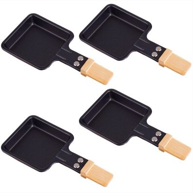 4x Universal Grill Raclette-Pfännchen viereckig mit Bambusgriff