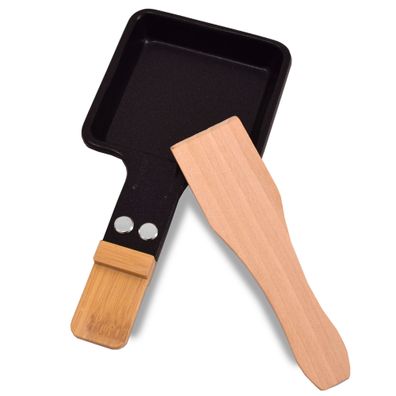 1x Universal Grill Raclette-Pfännchen viereckig mit Bambusgriff