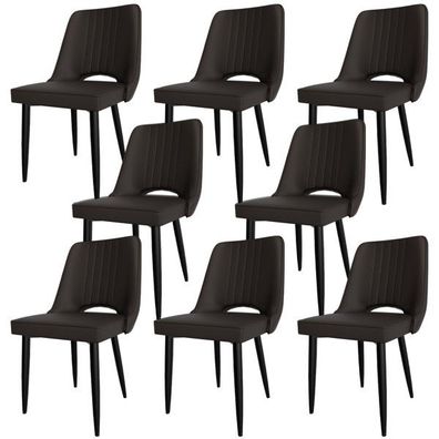 8er Set Esszimmerstühle aus Kunstleder, braun, mit hoher Rückenlehne und Metallfüßen