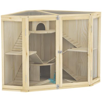 Großer Hamsterkäfig Holz 4 Ebenen mit Rampe und Hütten für Zwerghamster und Syrer