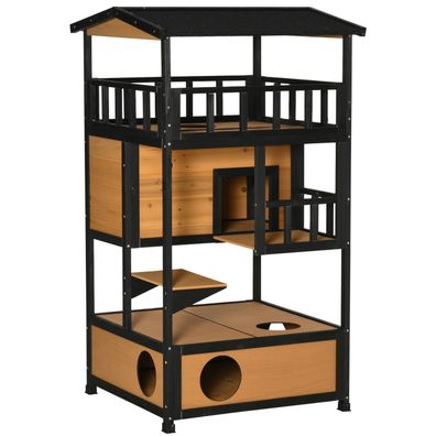 Katzenhaus aus Tannenholz mit 4 Etagen & Treppe, winterfest für draußen