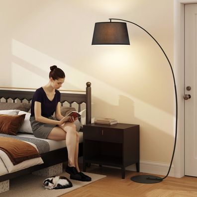 Moderne Bogenlampe aus Metall mit Leinen-Lampenschirm, schwarze Stehlampe