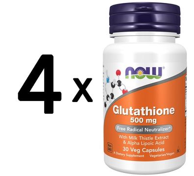 4 x NOW Foods Glutathione with Milk Thistle Extract & Alpha Lipoic Acid, 500mg - 30 v