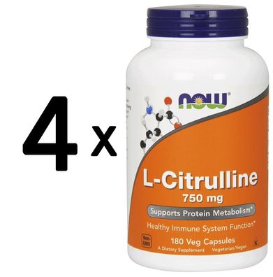 4 x NOW Foods L-Citrulline, 750mg (Caps) - 180 vcaps