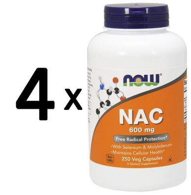 4 x NOW Foods NAC N-Acetyl Cysteine with Selenium & Molybdenum, 600mcg - 250 vcaps