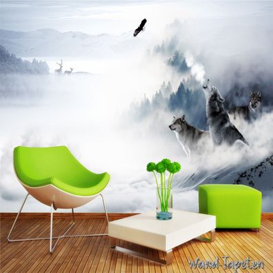 Vlies Fototapete Wandtapete Wandbilder Wolf Totem Schneeberg Elch 3487