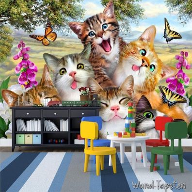 Vlies Fototapete Wandtapete Wandbilder Süßer Cartoon einer Gruppe von Katze 3492