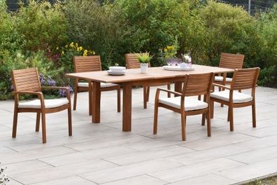 Batavia Set 13tlg., 6 Stapelsessel, 6 Auflagen, Doppelausziehtisch 180 (220/260) x 10